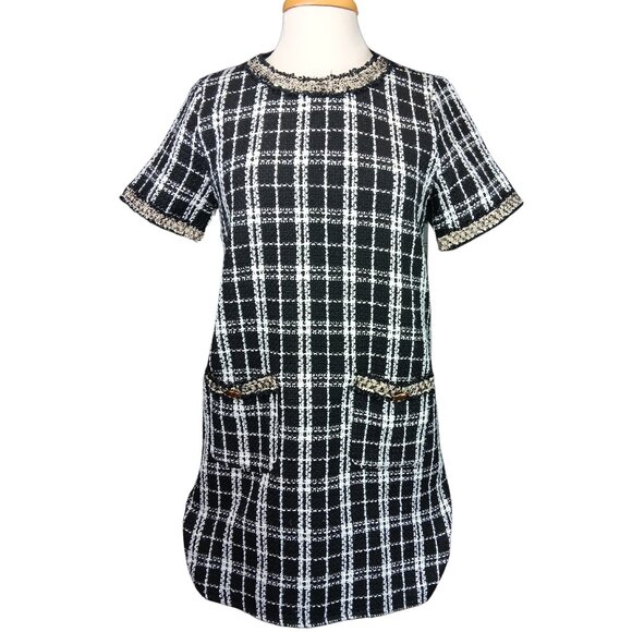 Vici Tweed Plaid Window Pane Knit Gold Trim Mini Dress Black and White Sz S - Picture 2 of 8
